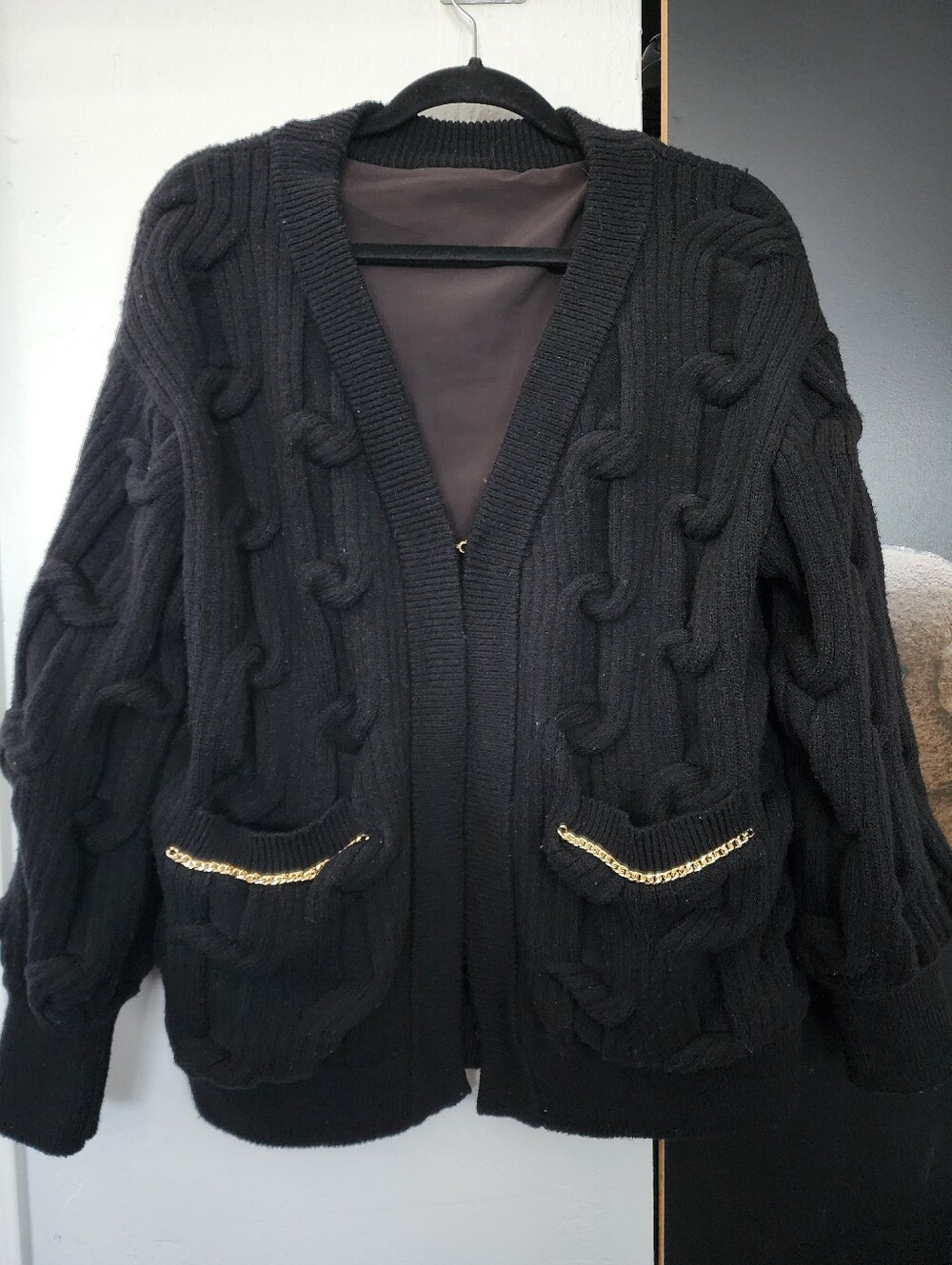 Black Knit Cardigan With Gold-color Chain Detail